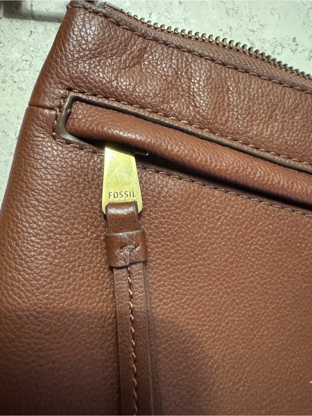 Fossil Leather Crossbody Bag, Cognac Brown, Pebbled Leather, with Brass Hardware - Picture 8 of 13